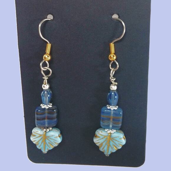 Artisan Blue Fall Glass Earrings Dangle Autumnal Silver Tone Accents Beaded NEW - Picture 1 of 10